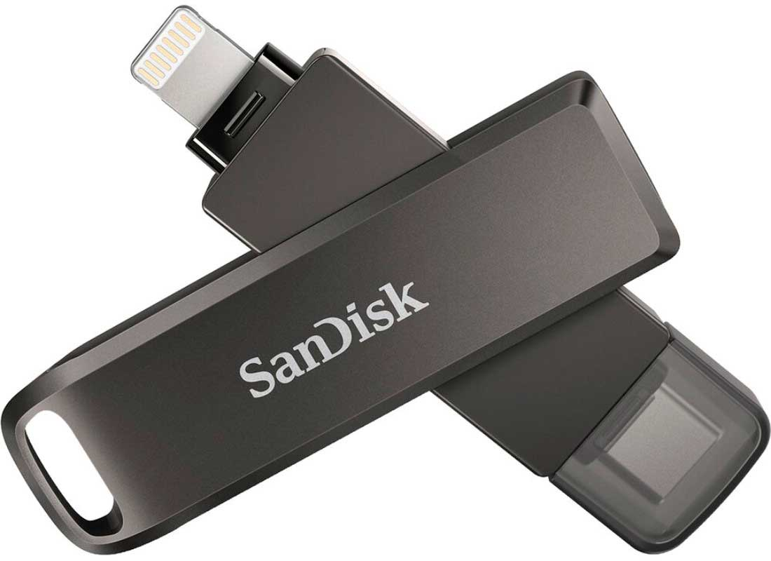 Clé USB Sandisk gris foncé. Comprend un connecteur Lightning et un connecteur USB.