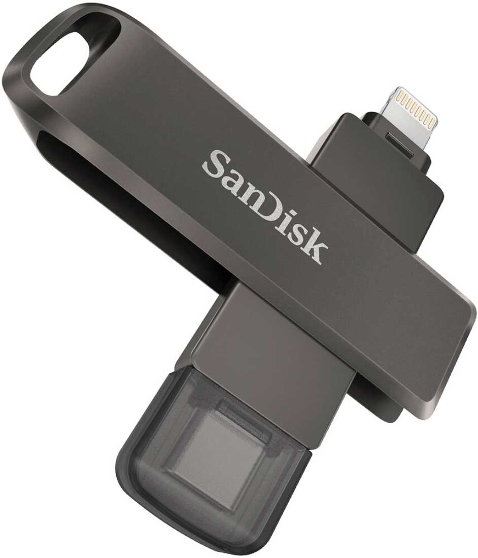 Clé USB Sandisk, grise, avec deux connecteurs.