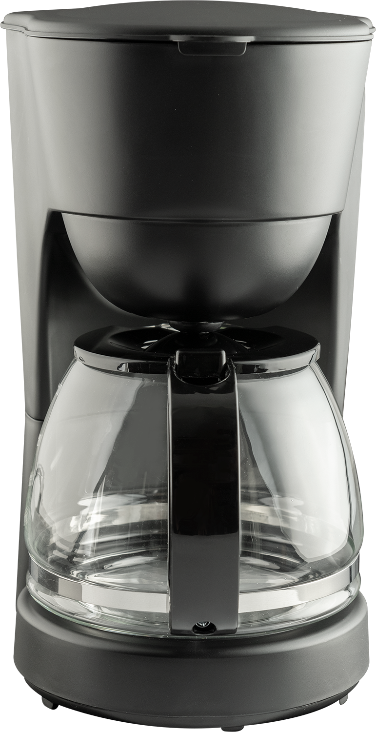 Black coffee maker with a glass carafe, top view.
