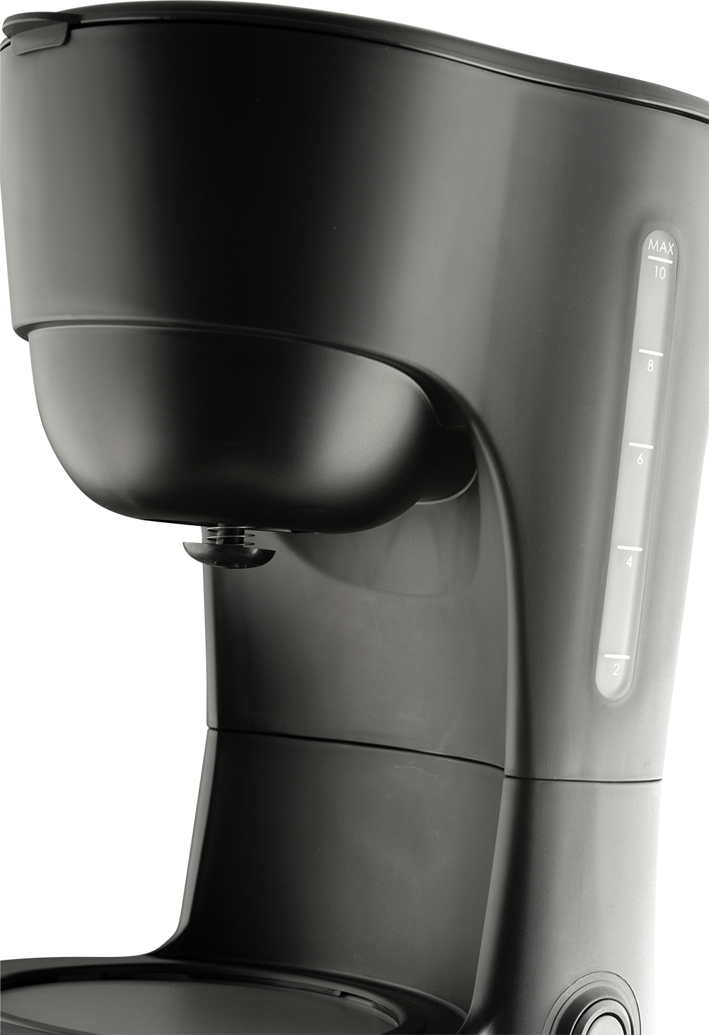Black coffee maker, side view, with a water level indicator.
