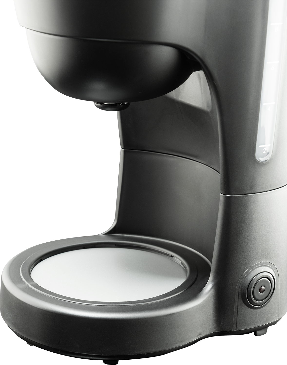 Coffee maker, black, side view, showing the base and the spout.