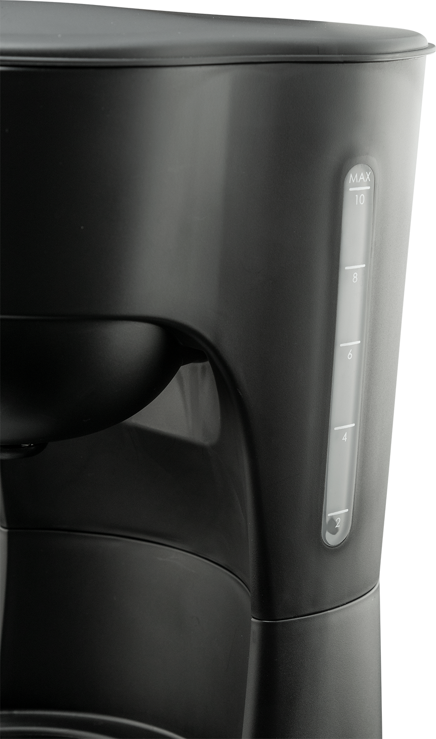 Black coffee maker side view, with water level markings.