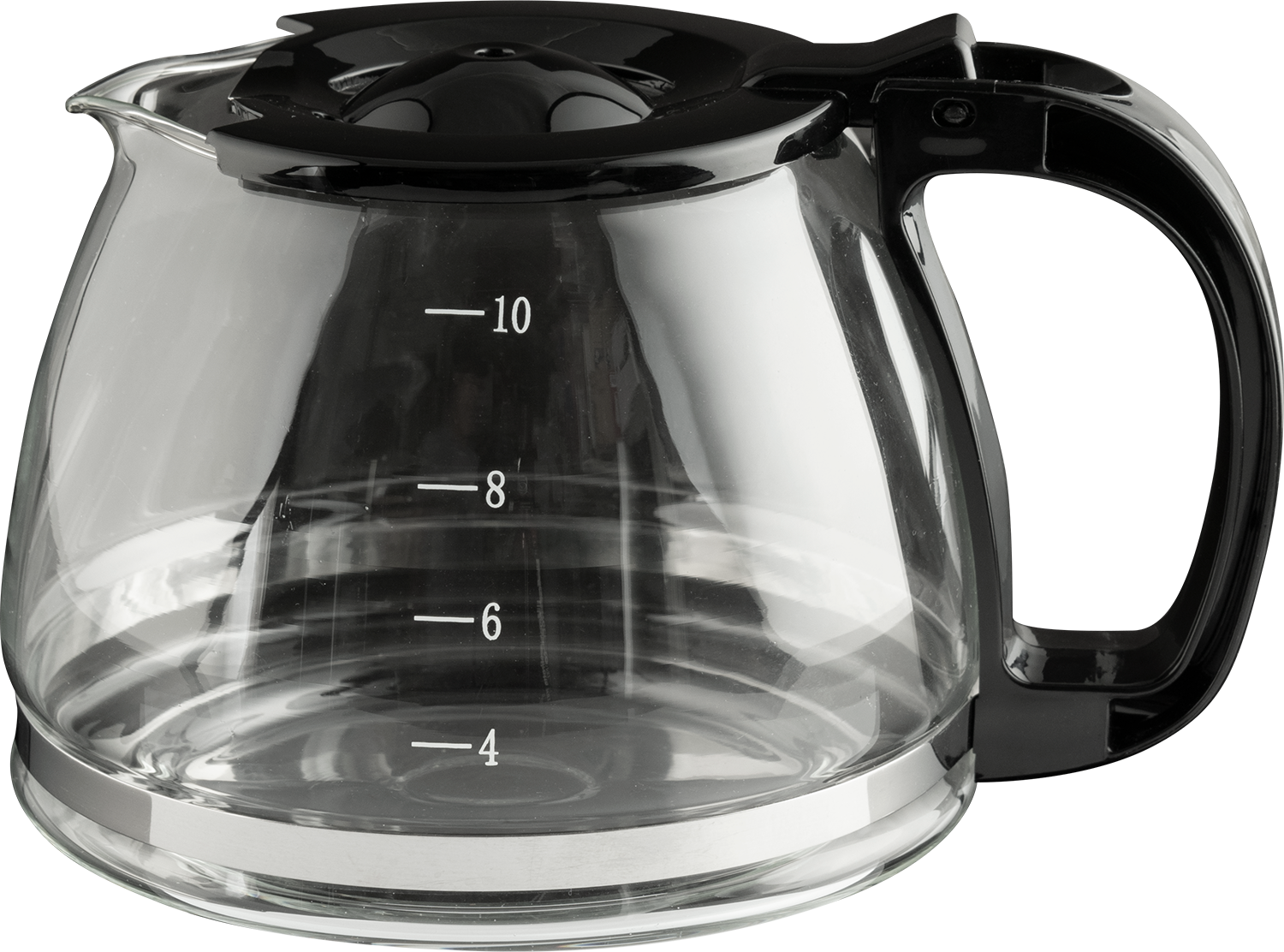 A clear glass coffee pot with markings, handle and a black lid. The pot is empty.