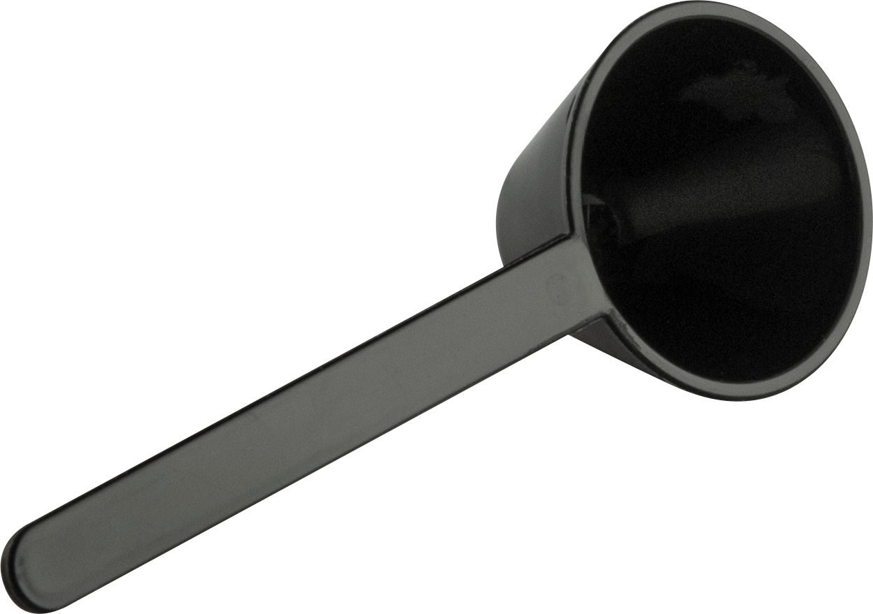 A black measuring scoop with a long handle. The scoop is empty and the background is black.