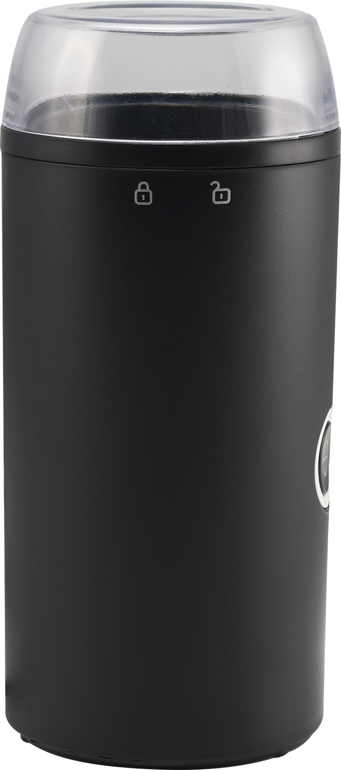 Black electric coffee grinder with clear top and lock icons.