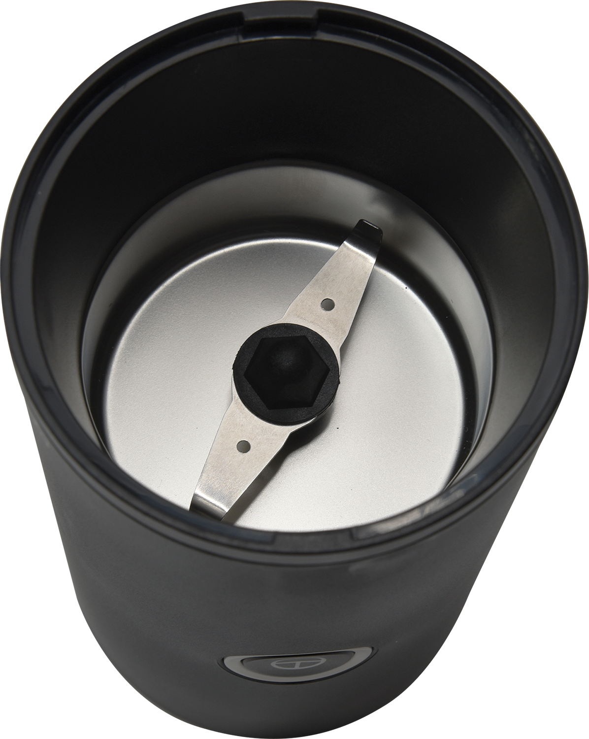 Inside a black coffee grinder. A metal blade and a black plastic cover.
