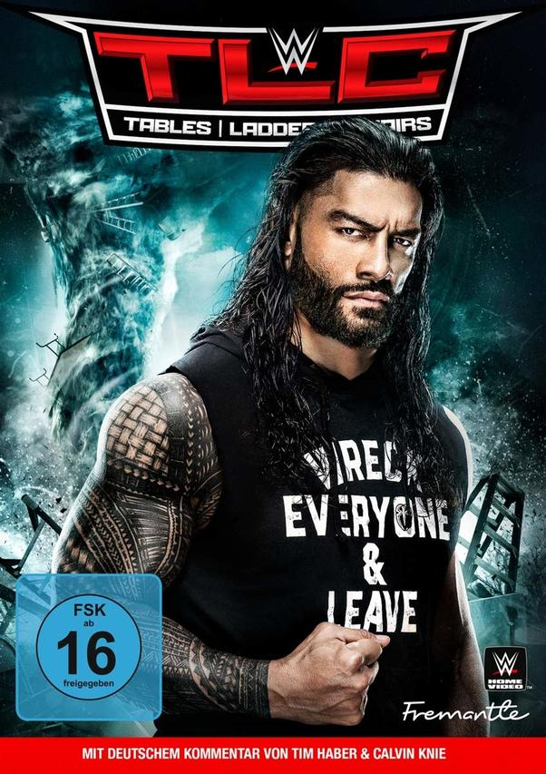 DVD-Cover, Roman Reigns, Wrestling, Titel 'TLC Tables Ladders & Chairs', schwarzes Hemd und Logo.