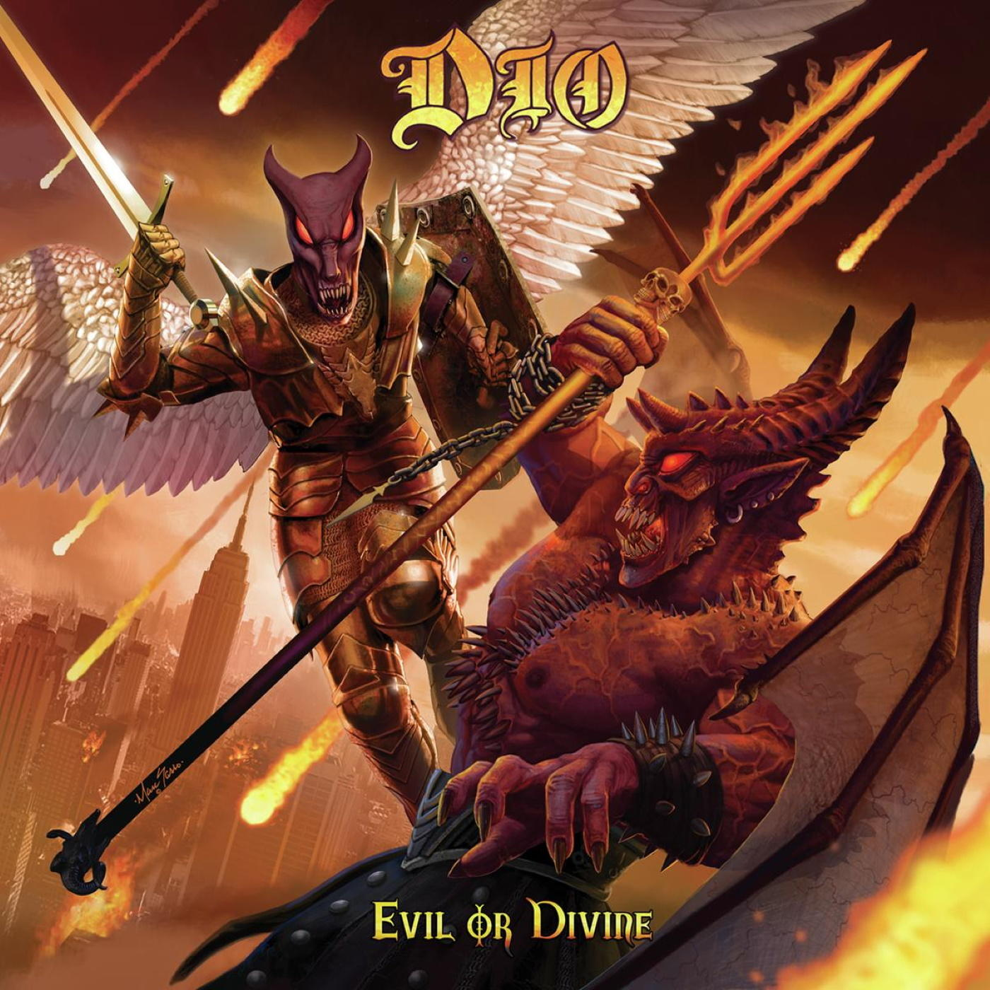 Album borító két harcoló figurával, városképpel és lángokkal, az 'Evil or Divine' felirattal.