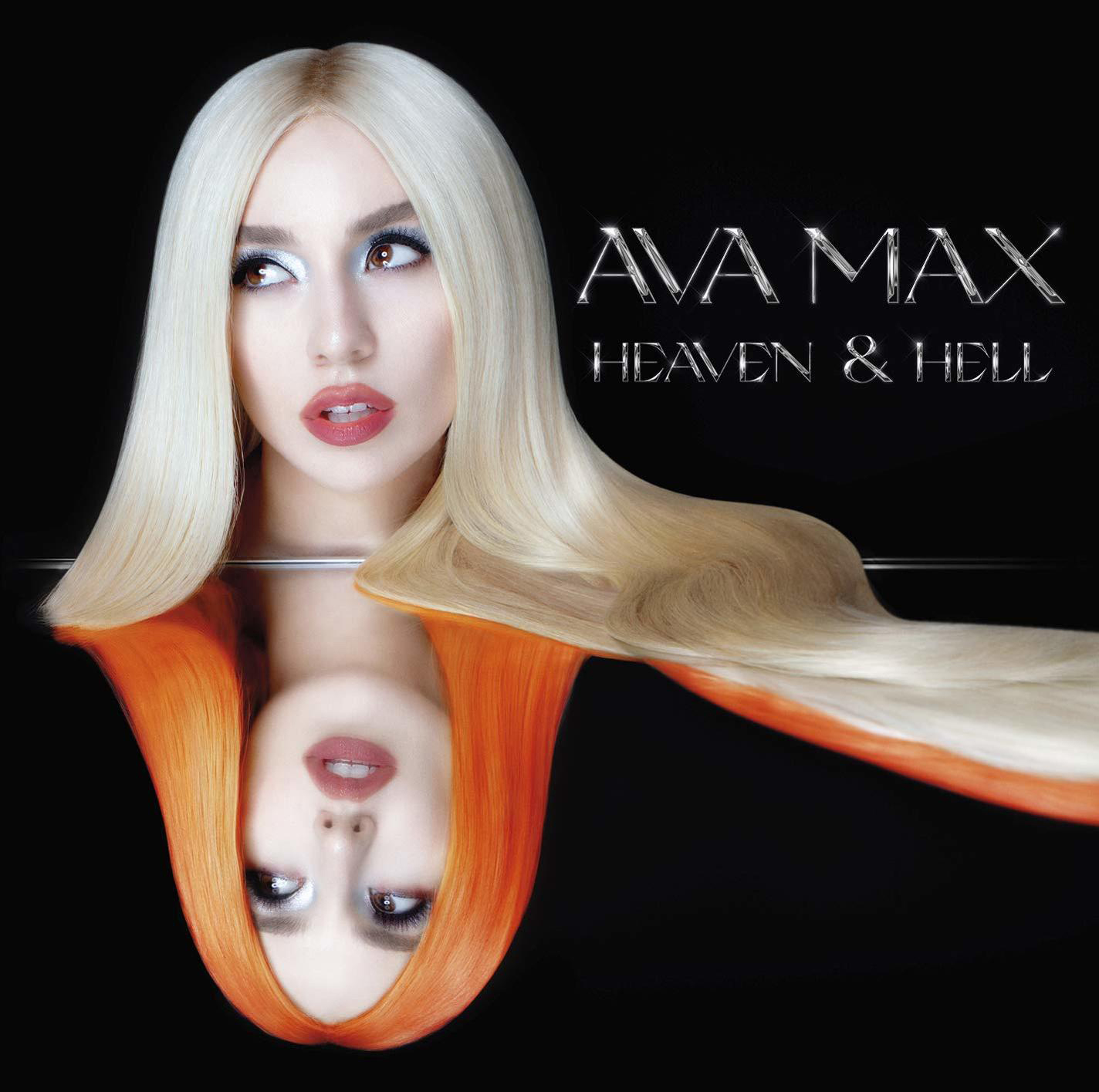 Albumcover einer Frau mit zwei Gesichtern, Text 'AVA MAX Heaven & Hell'.