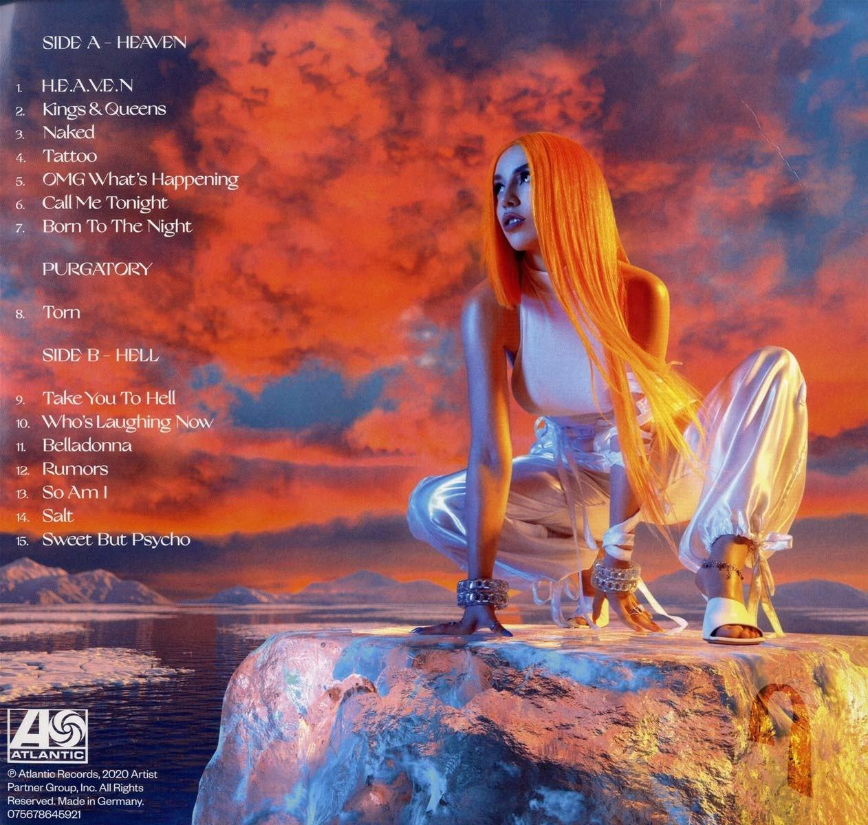 Albumcover mit einer Frau mit orangefarbenem Haar. Titel links aufgelistet.