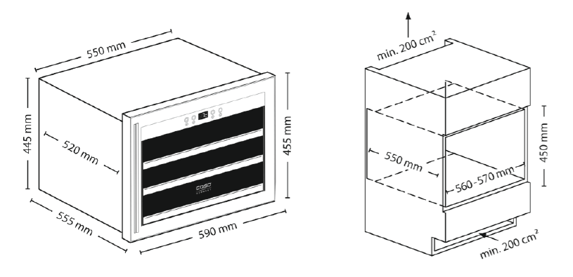 Bortároló diagramja méretekkel és egy szaggatott dobozzal, amely a beépítési helyigényt jelzi.