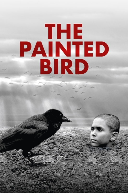 Filmposter voor The Painted Bird. Een kraai en een hoofd in de grond zijn prominent.