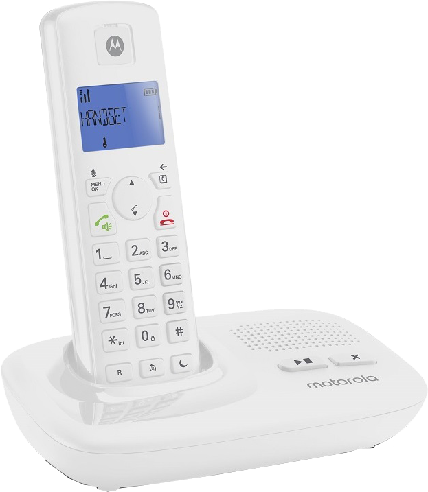 Fehér vezeték nélküli telefon alappal. Digitális kijelző. Fehér háttér.