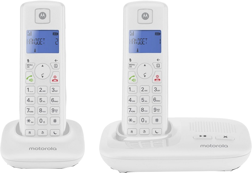 Két fehér Motorola telefon, egy alapon. Mindkettőnek van kijelzője.