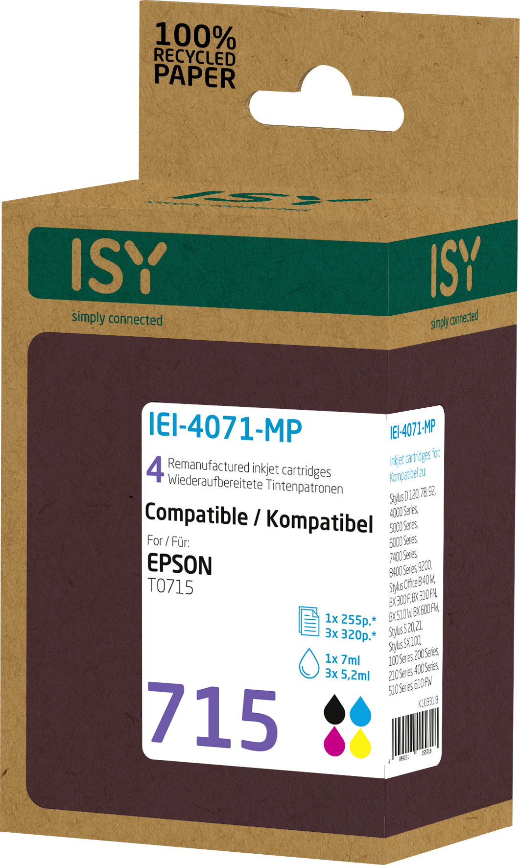 Eine braun-weiße Tintenpatronenbox mit der Aufschrift "ISY" und "Epson T0715" mit Tintenfarben.