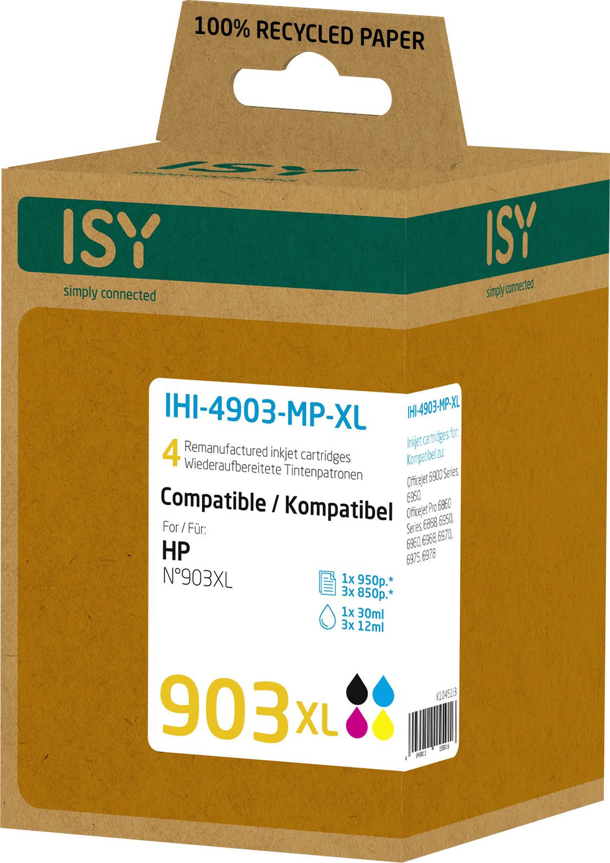Eine Schachtel mit ISY-Tintenpatronen für einen HP-Drucker, mit schwarzen, cyanfarbenen, magenta- und gelben Farben.