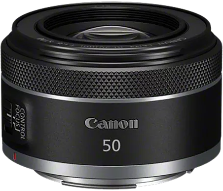 Canon 50 mm-es objektív fekete testtel, fókuszvezérléssel és ezüst gyűrűvel.