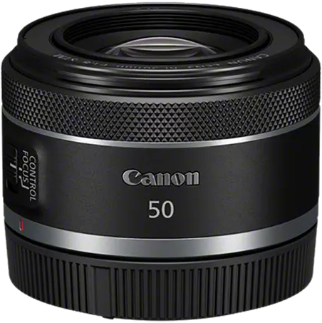 Fekete Canon 50mm-es objektív ezüst gyűrűvel és fókuszvezérlő kapcsolóval.