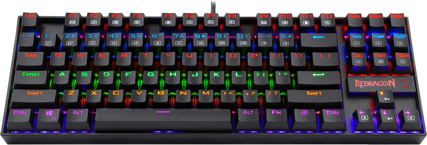 Fekete mechanikus billentyűzet RGB-világítással a billentyűkön. Látható a Redragon logó.