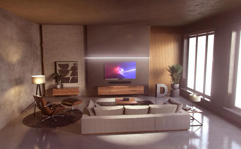 Wohnzimmer mit Sofa, Fernseher und Dekoration. Ein minimalistisches und modernes Interior Design.