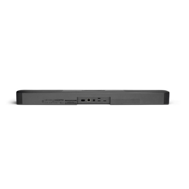 Rückansicht einer schwarzen Soundbar, die Anschlüsse und Ports vor weißem Hintergrund zeigt.