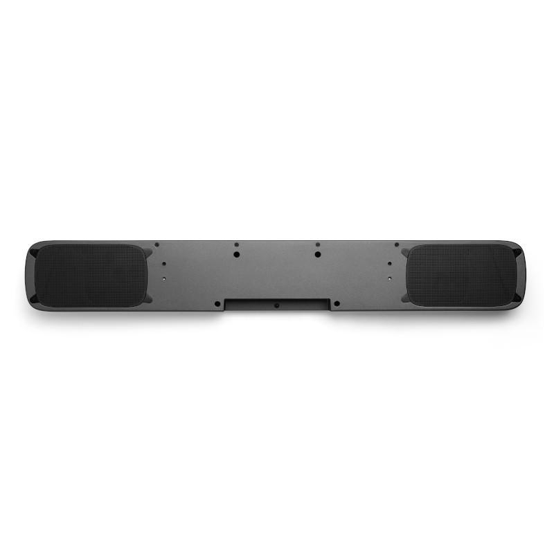 Unteransicht einer schwarzen Soundbar, die Lautsprechergitter und Befestigungslöcher vor Weiß zeigt.