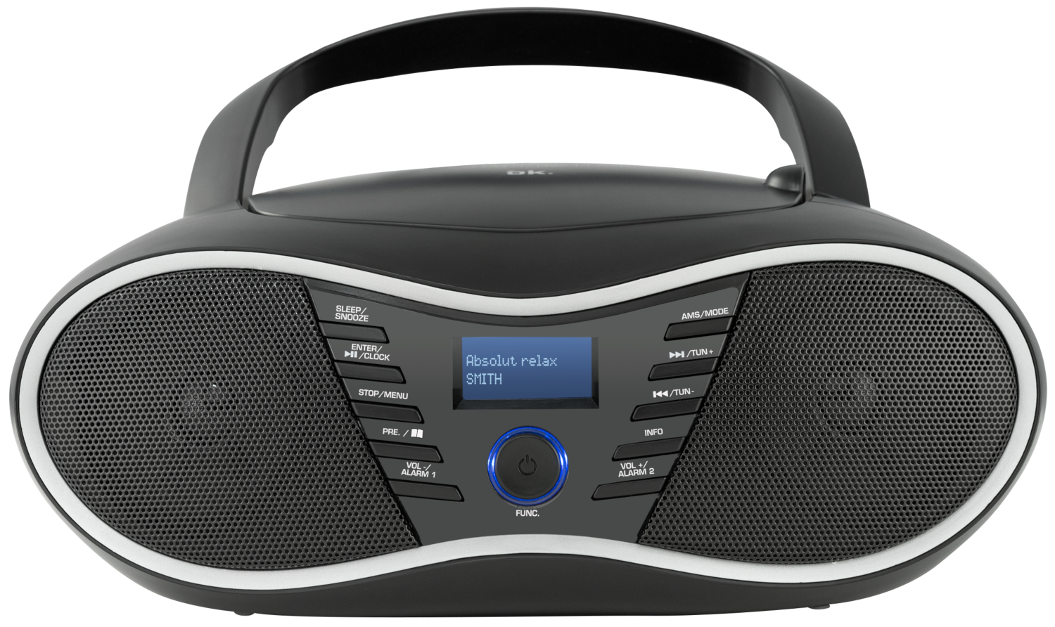 Zwarte boombox met luidsprekers, display met tekst en knoppen. Handvat bovenop. Zilveren rand.