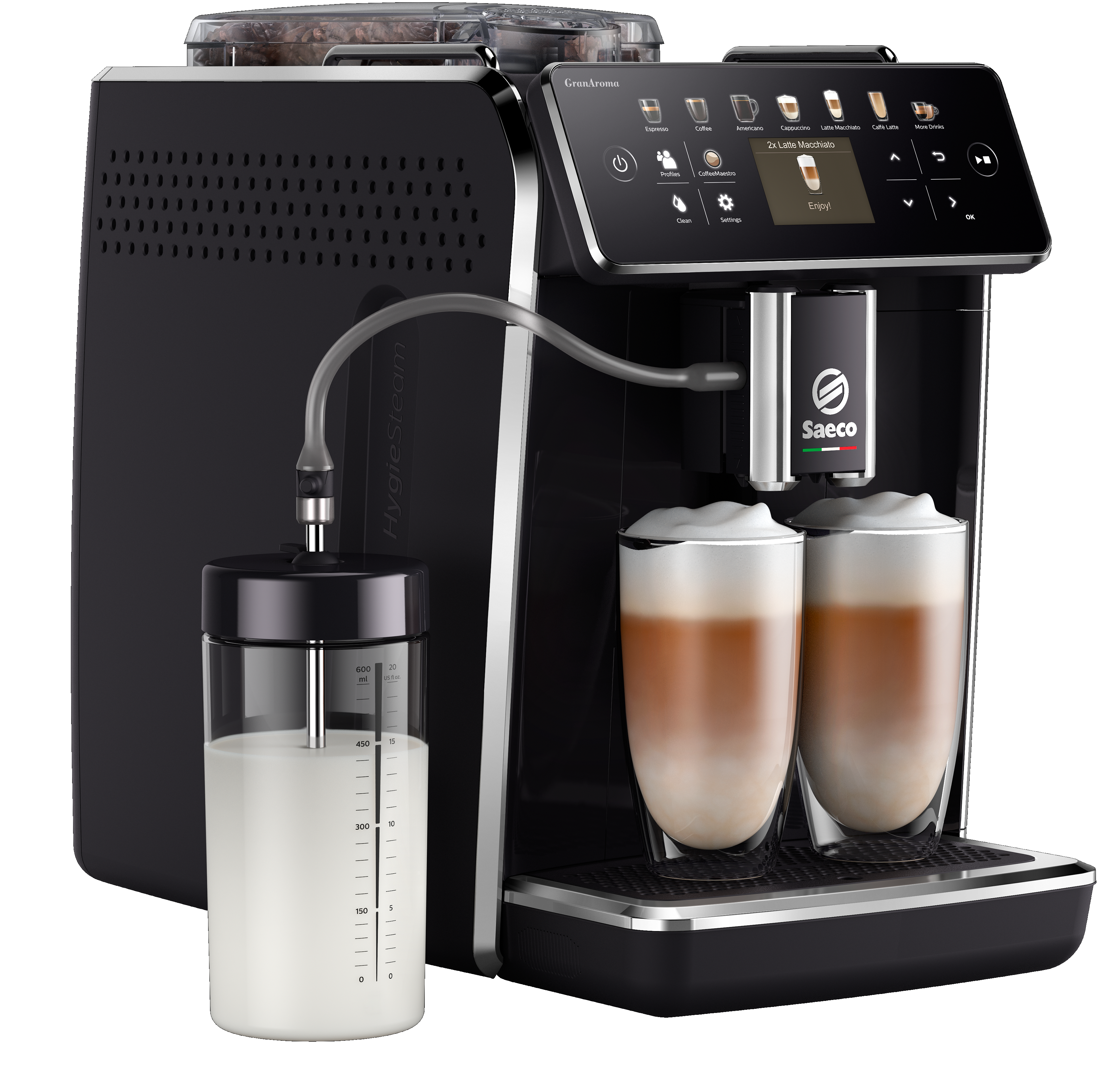 Eine schwarze Kaffeemaschine, aus der zwei Gläser Latte Macchiato ausgegeben werden.