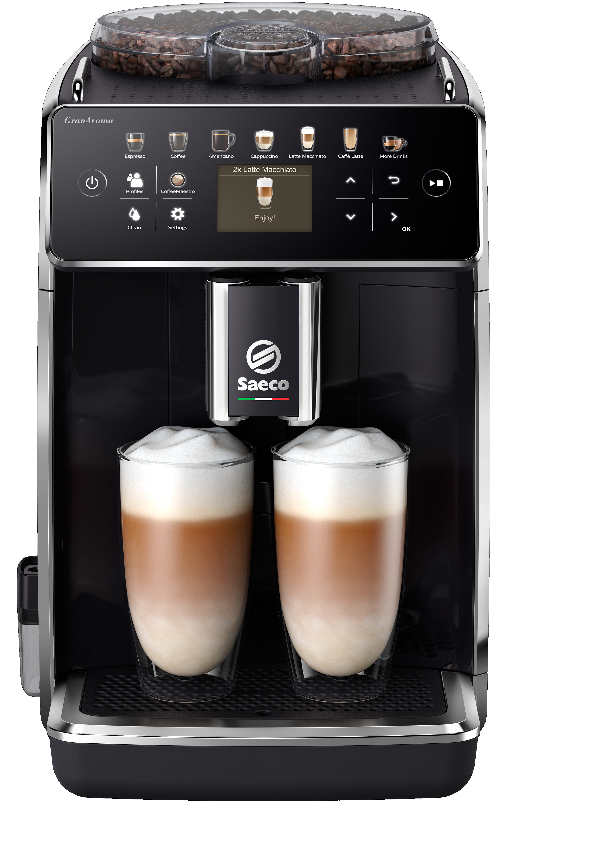 Schwarze und silberne Saeco Kaffeemaschine mit zwei Gläsern Latte Macchiato.