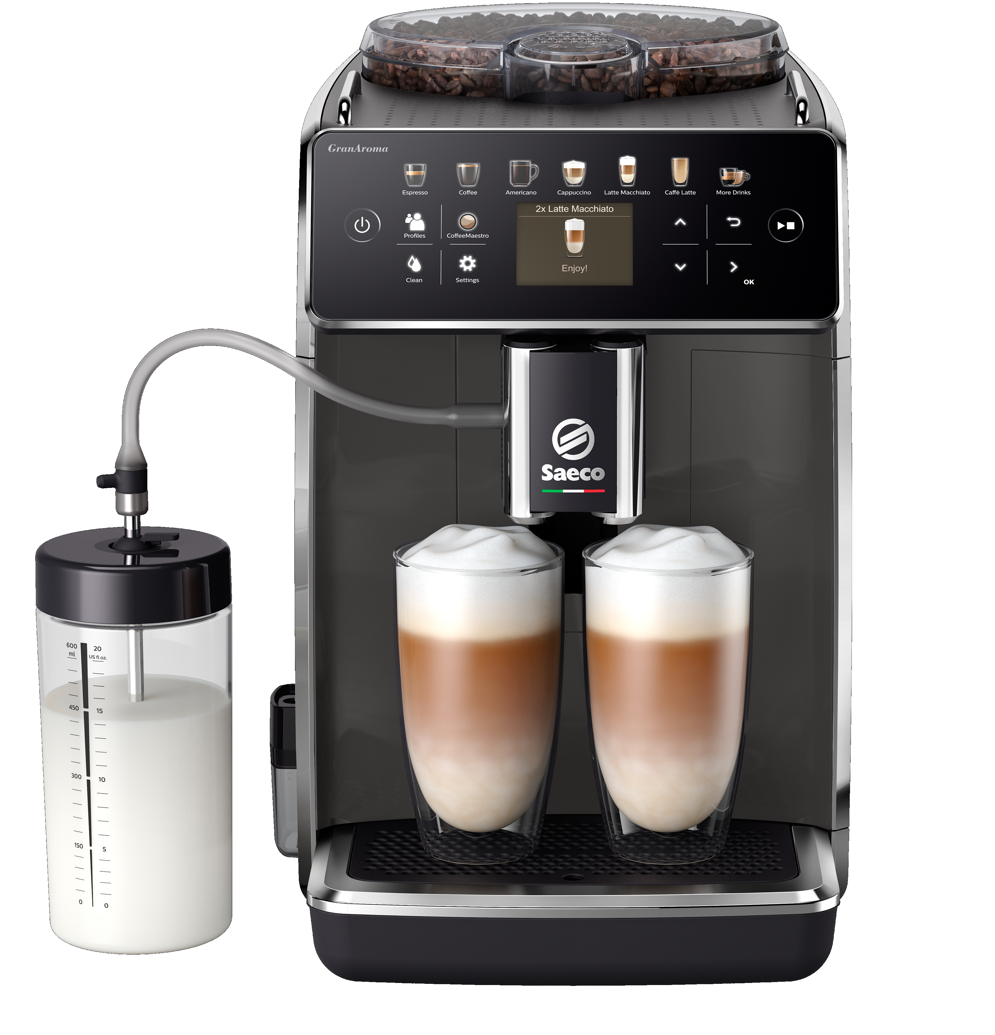 Eine schwarz-graue Saeco Kaffeemaschine.