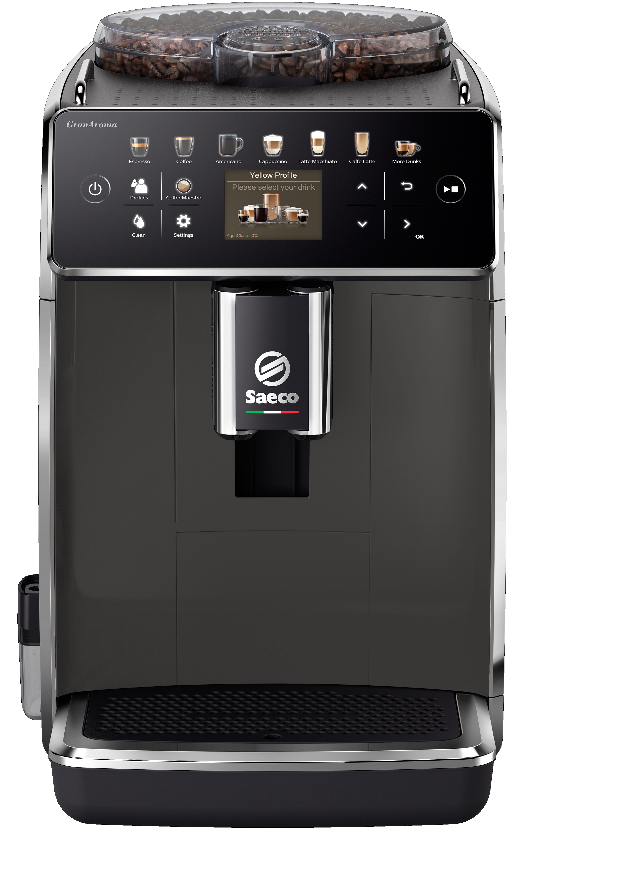 Schwarze Saeco Kaffeemaschine mit einem Display.