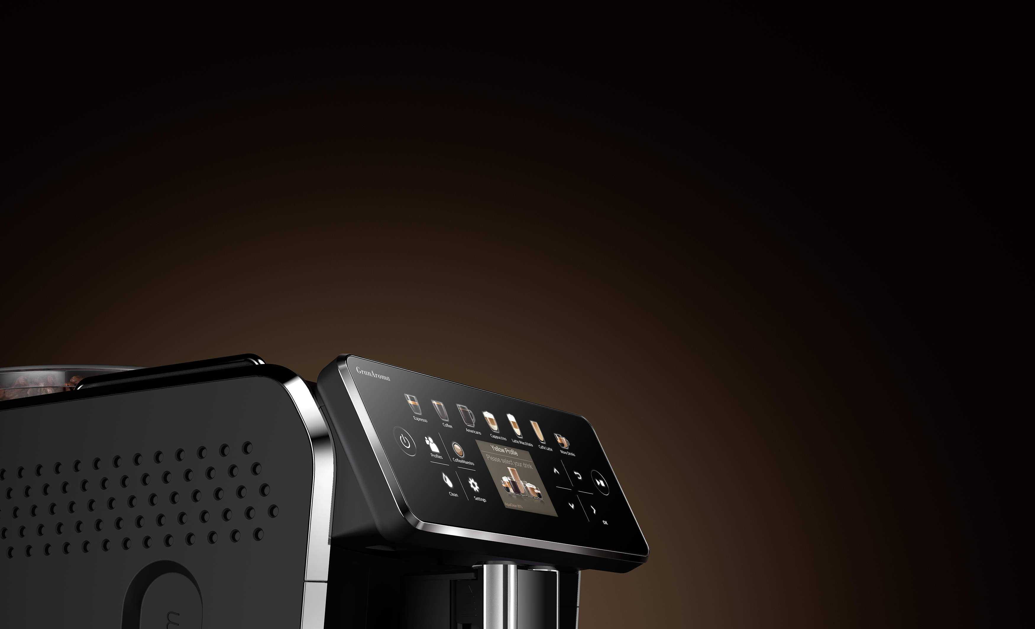 Schwarze Kaffeemaschine mit Touchscreen-Display, dunkelbrauner Hintergrund.