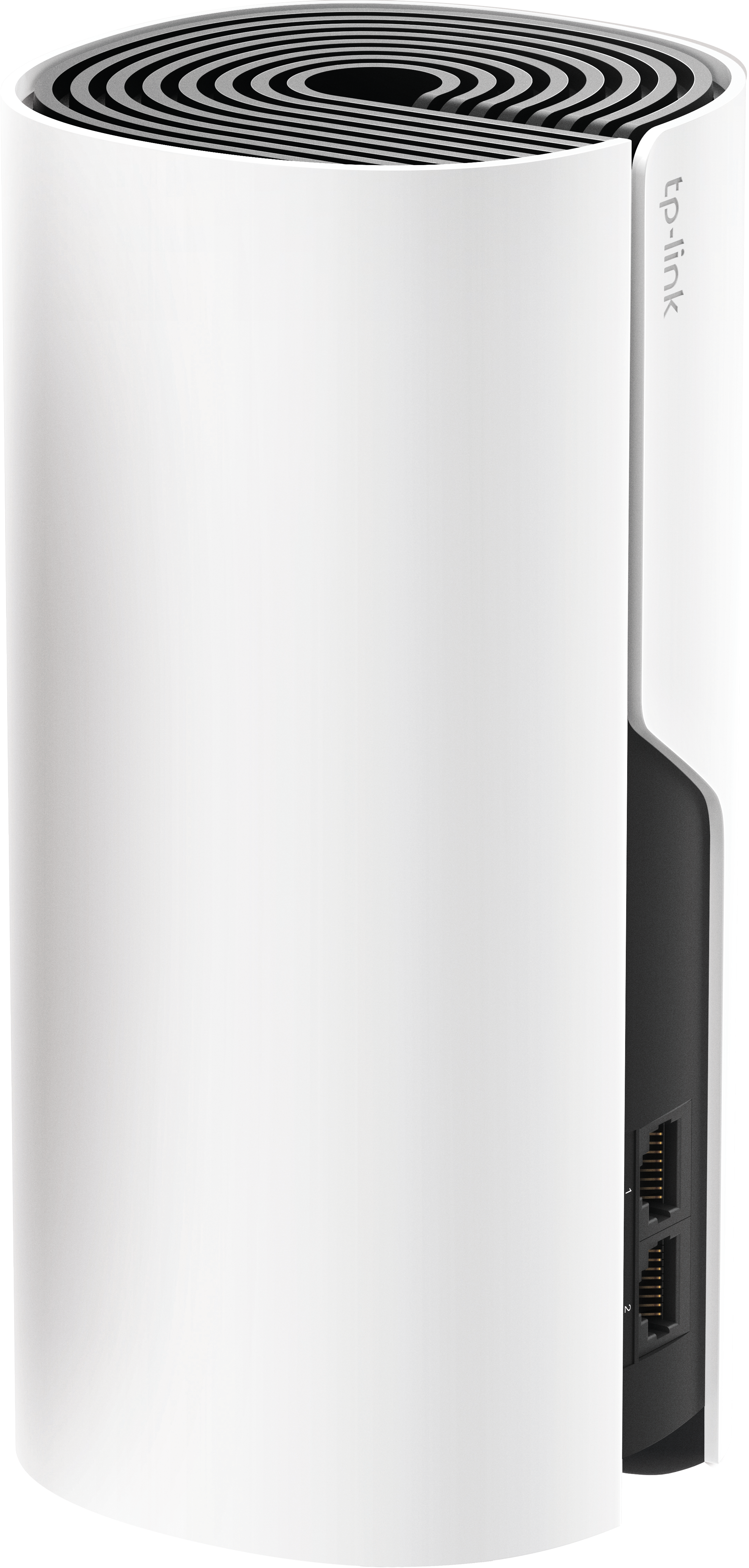 Weißer TP-Link-Router mit schwarzer Rückseite, Anschlüssen und Oberseite mit Kreisen.