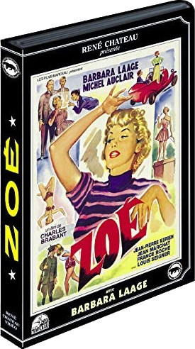 Filmposter: een vrouw in een paarse top, en tekst: 'Zoe' met een retro design en andere filmelementen.