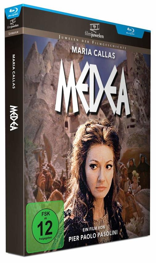 Eine DVD-Box mit dem Titel MEDEA und einem Bild einer Frau mit Text auf Deutsch.