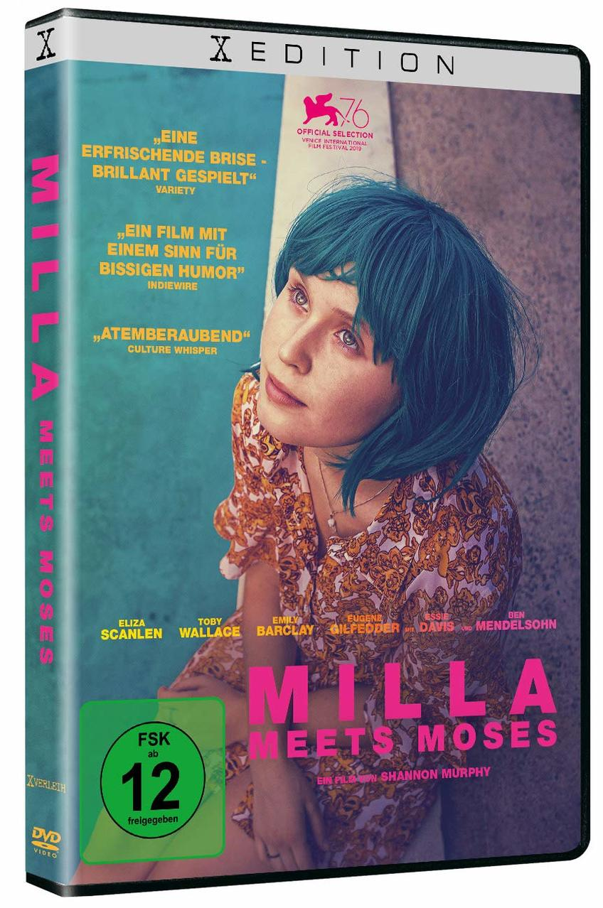 DVD-Hülle des Films "Milla Meets Moses", eine Frau mit blauen Haaren, die nach oben schaut.
