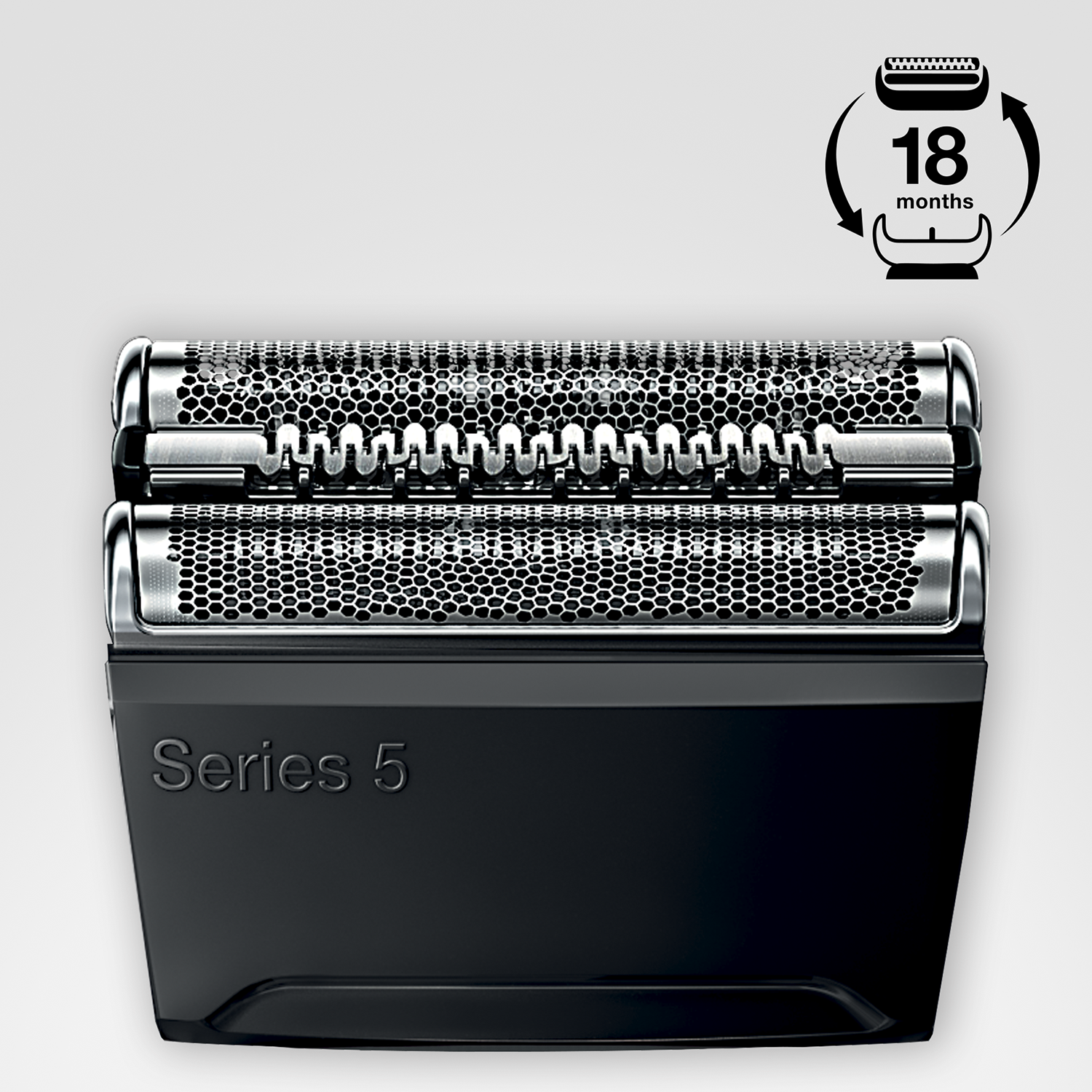 Razor blade replacement heads, silver mesh over black plastic. Text says 'Series 5' and '18 months'.