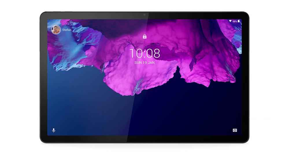 Tableta con fondo colorido, mostrando una interfaz. Icono de usuario en la parte superior.