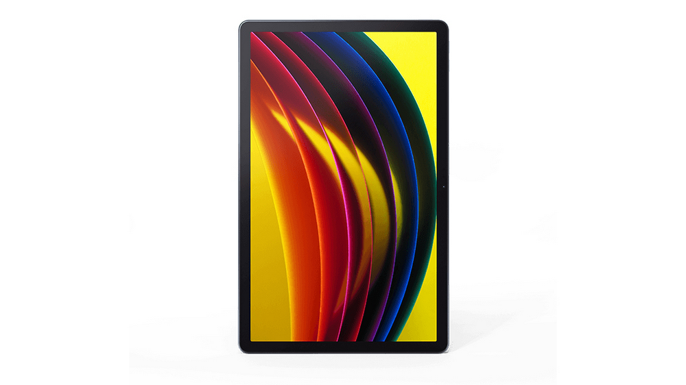 Una tableta con un fondo abstracto y colorido. La pantalla muestra ondas de color.