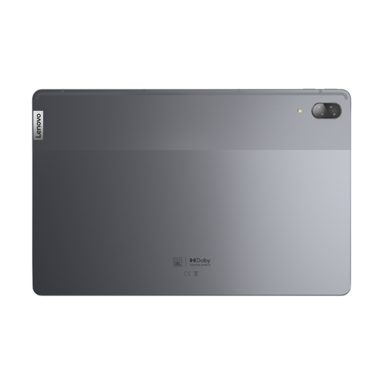 Parte trasera de una tableta gris con el logotipo de Lenovo, logotipos de JBL y Dolby, y un módulo de cámara.