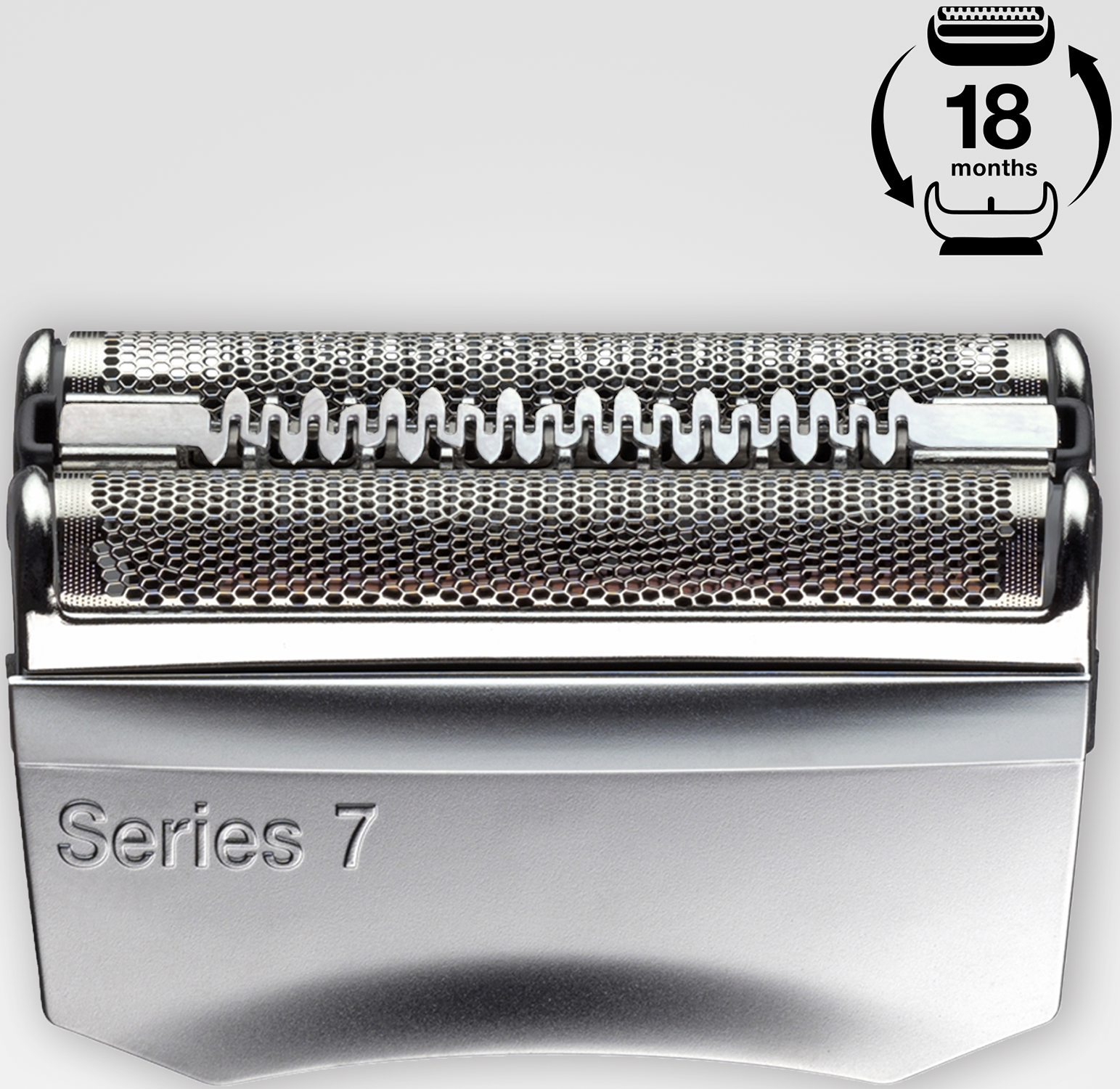 Close-up of a shaver head with a text "Series 7", white background.
