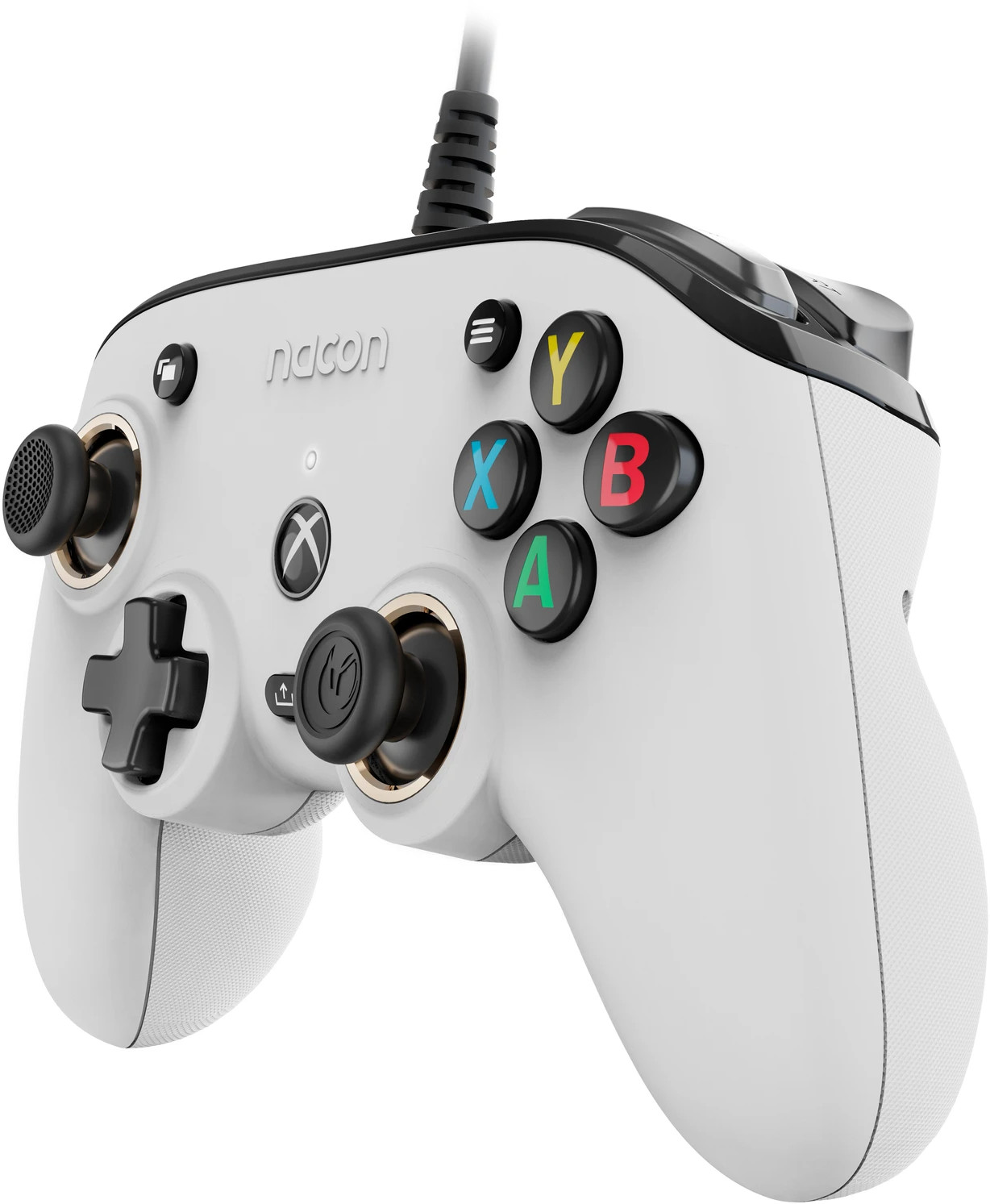 White gamepad with black accents, featuring buttons labeled with various colors and letters, with a cable.