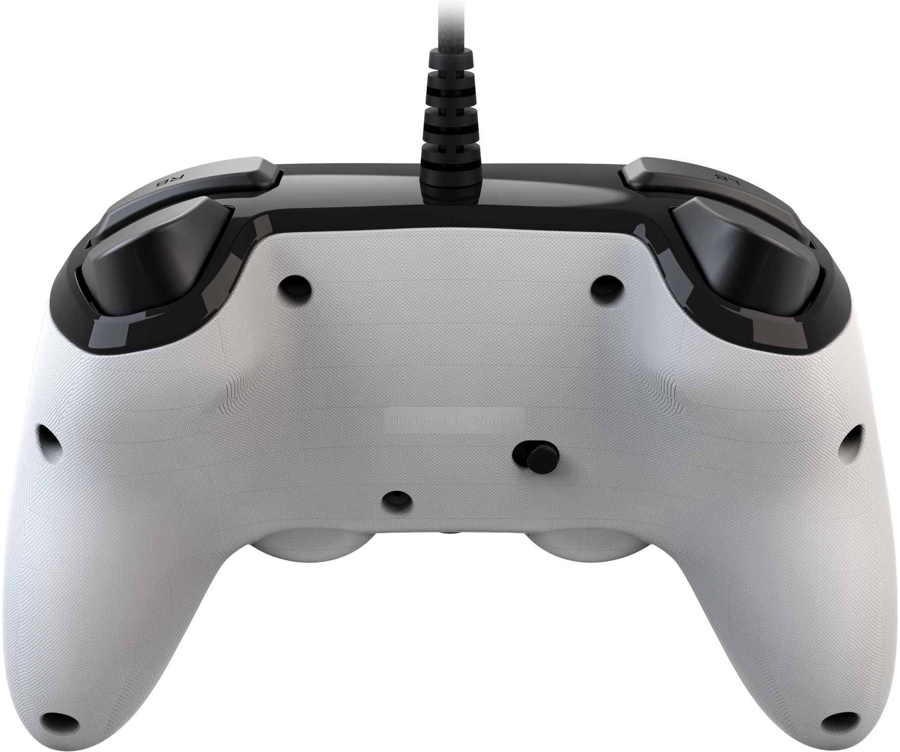 White PS4 controller's back, with black buttons and joysticks. A cable exits from the top.