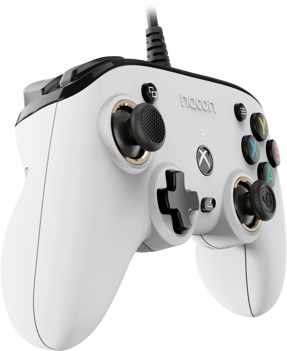 White game controller with black accents and buttons. White background.