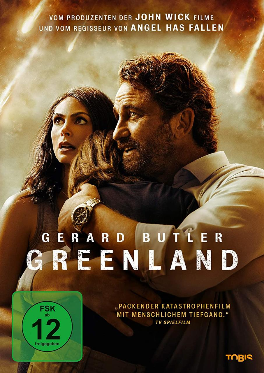 Filmposter: Gerard Butler in Greenland. Er hält ein Kind, mit einer Frau. Poster hat Text und Bilder.