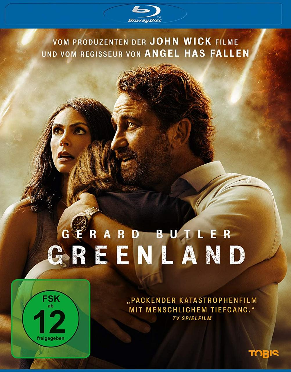 Filmcover mit Gerard Butler, der eine Frau und ein Kind umarmt, Titel "Greenland".