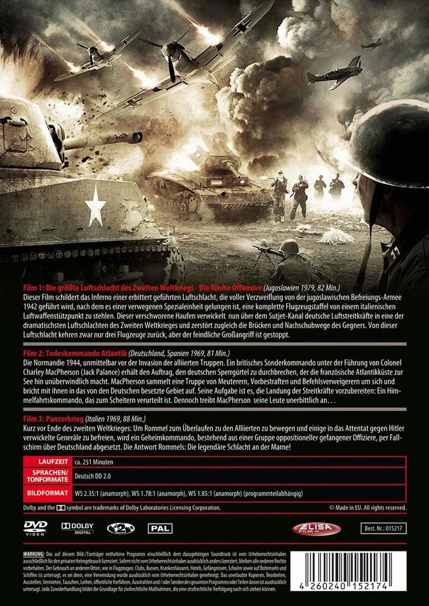 DVD-Hülle mit einer Kriegsszene mit Panzern, Flugzeugen und Soldaten. Text auf Deutsch.