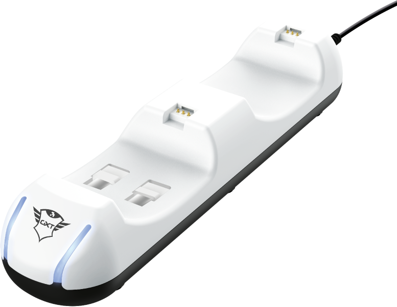 Witte controller oplaadstation met twee oplaadsleuven en het logo van het merk.