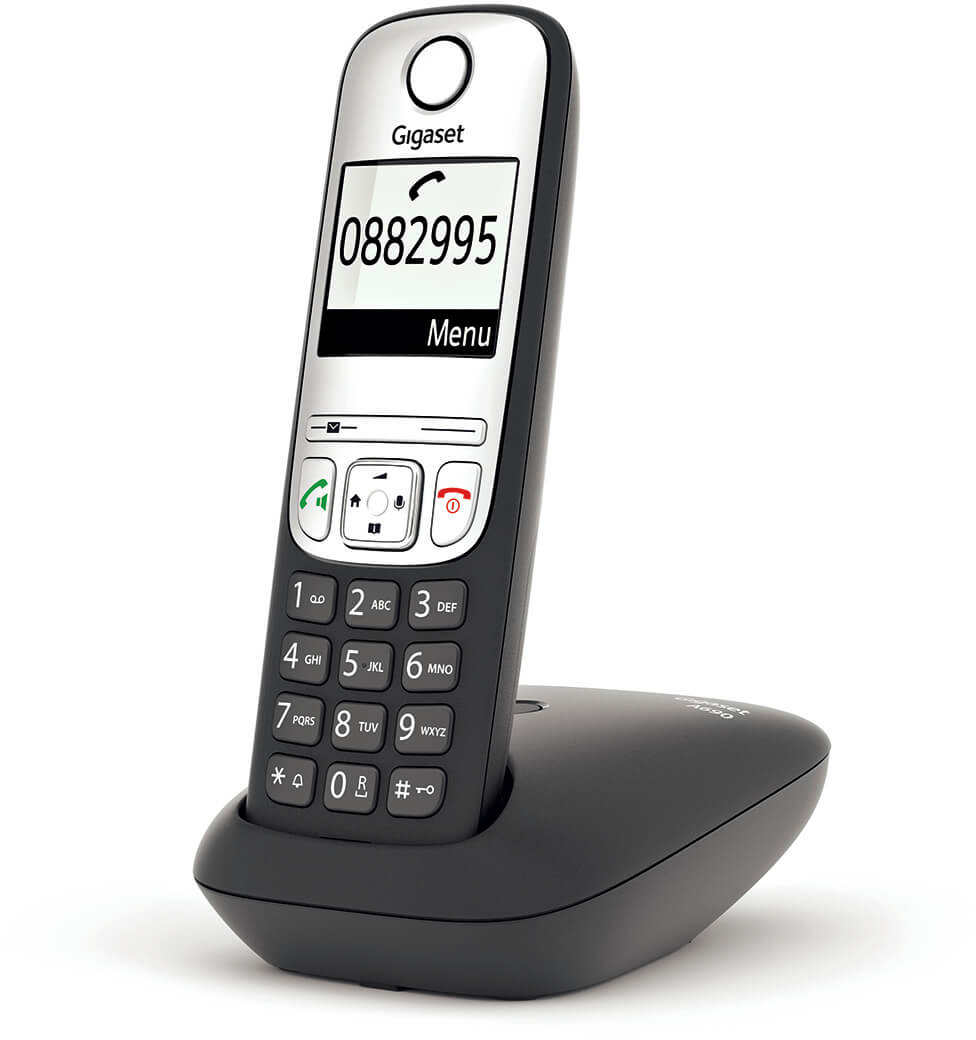 Egy vezeték nélküli telefon fekete alappal. A telefonon kijelző és gombok vannak.