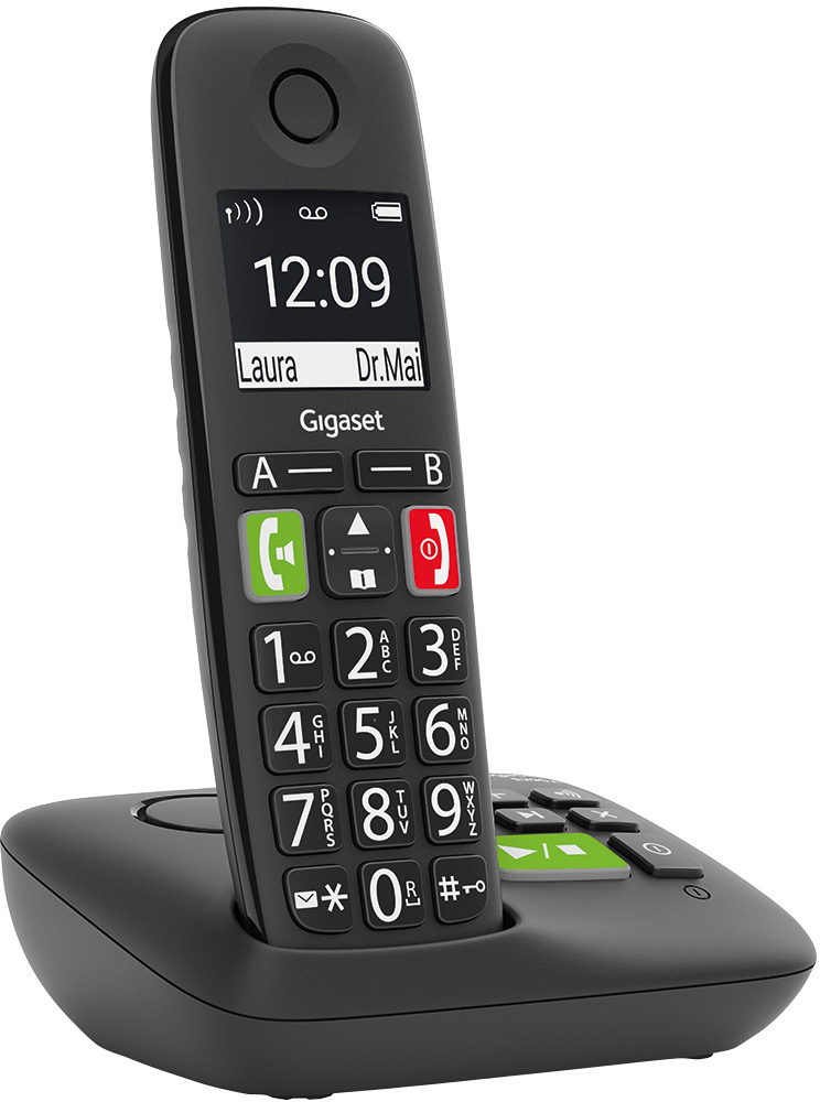 Fekete vezeték nélküli telefon nagy gombokkal és kijelzővel.